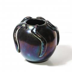 Mid Century Hand Blown Murano Iridescent Black Glass Vase w Sculptural Detail - 4622634