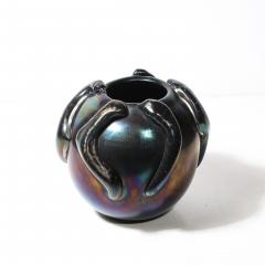 Mid Century Hand Blown Murano Iridescent Black Glass Vase w Sculptural Detail - 4622648