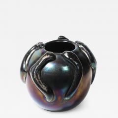 Mid Century Hand Blown Murano Iridescent Black Glass Vase w Sculptural Detail - 4623411