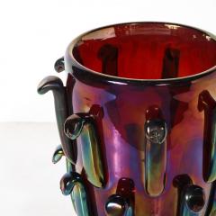 Mid Century Hand Blown Murano Iridescent Ruby Glass Vases w Petal Detailing - 4622607