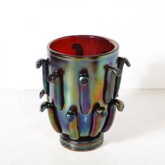 Mid Century Hand Blown Murano Iridescent Ruby Glass Vases w Petal Detailing - 4622608