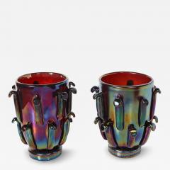 Mid Century Hand Blown Murano Iridescent Ruby Glass Vases w Petal Detailing - 4623408