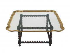 Mid Century Hollywood Regency Brass Tray Cocktail Table with Twisted Wood Base - 2721303