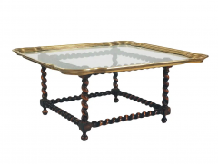 Mid Century Hollywood Regency Brass Tray Cocktail Table with Twisted Wood Base - 2721391
