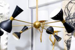 Mid Century Inspired Six Arm Brass Fixture with Unusual Black Shades - 3980042