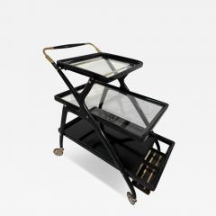 Mid Century Italian Black Lacquer Brass Bar Cart with Glass Trays - 4305890