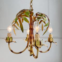 Mid Century Italian Faux Bamboo Palm Tole Chandelier 1950s - 3530764