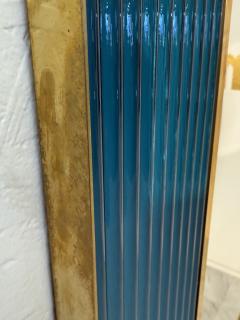 Mid Century Italian Mirror with Teal Ribbed Frame and Brass Accents 1970s - 4292049