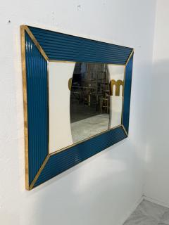 Mid Century Italian Mirror with Teal Ribbed Frame and Brass Accents 1970s - 4292051