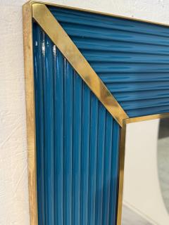 Mid Century Italian Mirror with Teal Ribbed Frame and Brass Accents 1970s - 4292052
