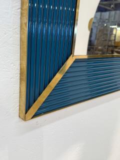 Mid Century Italian Mirror with Teal Ribbed Frame and Brass Accents 1970s - 4292053