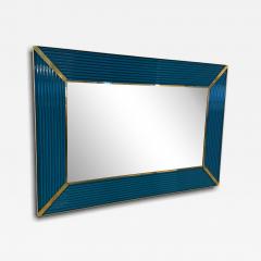 Mid Century Italian Mirror with Teal Ribbed Frame and Brass Accents 1970s - 4297059