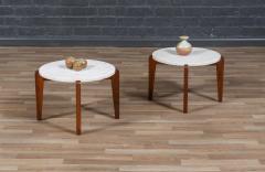 Mid Century Italian Modern Travertine Sculpted Walnut Side Tables - 4252221