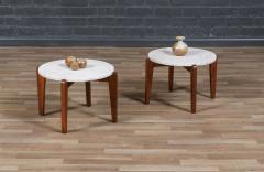 Mid Century Italian Modern Travertine Sculpted Walnut Side Tables - 4252222
