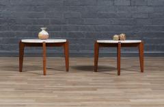 Mid Century Italian Modern Travertine Sculpted Walnut Side Tables - 4252223