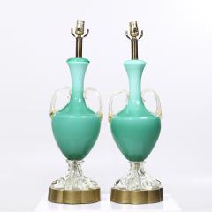 Mid Century Italian Murano Teal Cased Glass Double Handled Urn Form Lamps Pair - 4208770