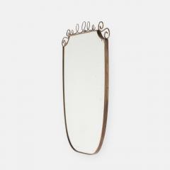 Mid Century Italian Shield Shaped Brass Wall Mirror with Scroll Crest - 4736531