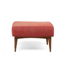 Mid Century Italian Walnut Red Upholstered Ottoman - 4718009