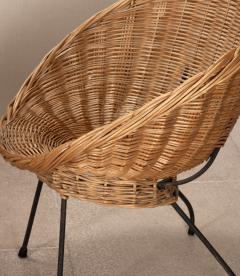 Mid Century Italian Wicker Salon Set Four Lounge Chairs and Circular Table - 4596422