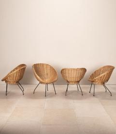 Mid Century Italian Wicker Salon Set Four Lounge Chairs and Circular Table - 4596423