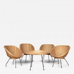 Mid Century Italian Wicker Salon Set Four Lounge Chairs and Circular Table - 4596470