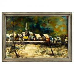 Mid Century Jacallo Architectural Landscape Signed Oil on Canvas Painting - 2355201