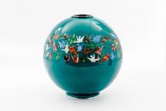 Mid Century Japanese Cloisonn Enamel Vase by Sato with Origami Crane Motif - 4556751