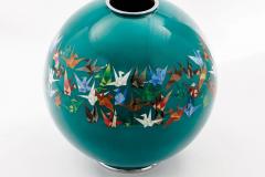 Mid Century Japanese Cloisonn Enamel Vase by Sato with Origami Crane Motif - 4556753