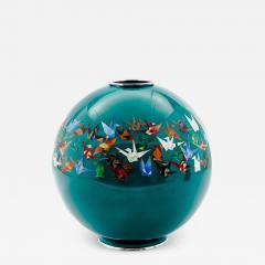 Mid Century Japanese Cloisonn Enamel Vase by Sato with Origami Crane Motif - 4556827
