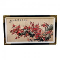 Mid Century Japanese Framed Watercolor Painting of Dogwood Trees - 2839238