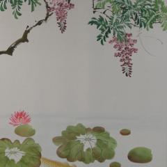 Mid Century Koi Fish And Tree Painted Silk Panel - 3174611