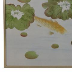 Mid Century Koi Fish And Tree Painted Silk Panel - 3174612