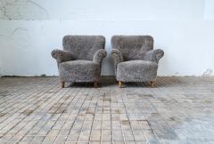 Mid Century Lounge Chairs in Grey Black Sheepskin Sweden 1940s - 2491927