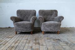 Mid Century Lounge Chairs in Grey Black Sheepskin Sweden 1940s - 2491931