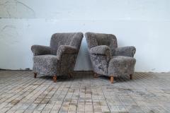 Mid Century Lounge Chairs in Grey Black Sheepskin Sweden 1940s - 2491933