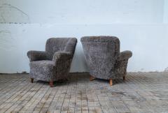 Mid Century Lounge Chairs in Grey Black Sheepskin Sweden 1940s - 2491935