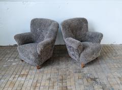 Mid Century Lounge Chairs in Grey Black Sheepskin Sweden 1940s - 2491936