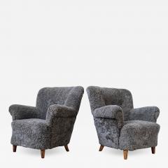 Mid Century Lounge Chairs in Grey Black Sheepskin Sweden 1940s - 2492972