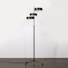 Mid Century Minimal Polished Brass Glass Black Enamel Three Disc Floor Lamp - 4304174