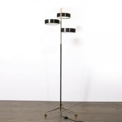 Mid Century Minimal Polished Brass Glass Black Enamel Three Disc Floor Lamp - 4304176