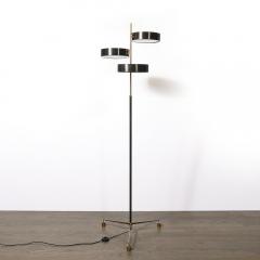 Mid Century Minimal Polished Brass Glass Black Enamel Three Disc Floor Lamp - 4304177