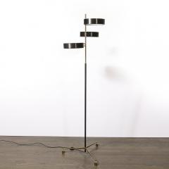 Mid Century Minimal Polished Brass Glass Black Enamel Three Disc Floor Lamp - 4304180