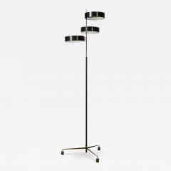 Mid Century Minimal Polished Brass Glass Black Enamel Three Disc Floor Lamp - 4305744