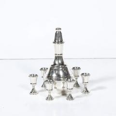 Mid Century Minimalist Sculptural Sterling Kiddush Decanter and Six Cup Set - 4720179