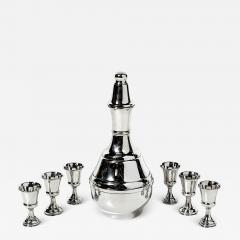 Mid Century Minimalist Sculptural Sterling Kiddush Decanter and Six Cup Set - 4720579