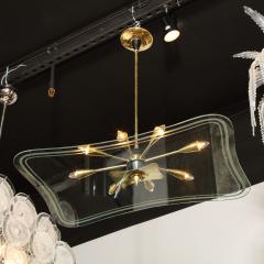 Mid Century Modern Atomic Brass Black Enamel Etched Frosted Glass Chandelier - 2143315