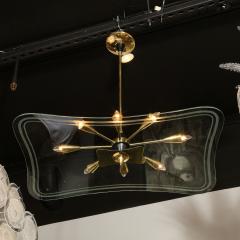 Mid Century Modern Atomic Brass Black Enamel Etched Frosted Glass Chandelier - 2143318