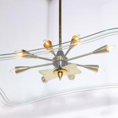 Mid Century Modern Atomic Brass Black Enamel Etched Frosted Glass Chandelier - 2143341