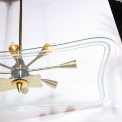 Mid Century Modern Atomic Brass Black Enamel Etched Frosted Glass Chandelier - 2143354