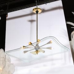 Mid Century Modern Atomic Brass Black Enamel Etched Frosted Glass Chandelier - 2143362